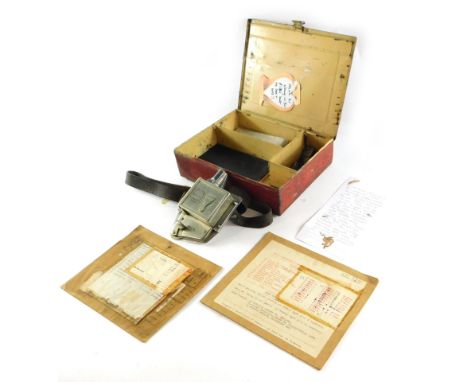 A Bell Punch and Printing Company bus conductor ticket tramway omnibus machine, with tin case and accessories.  