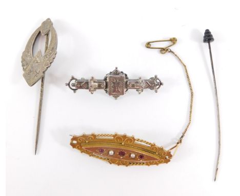 A group of Victorian and later bar brooches, a 9ct gold Victorian C and Co garnet and seed pearl set brooch, with safety chai