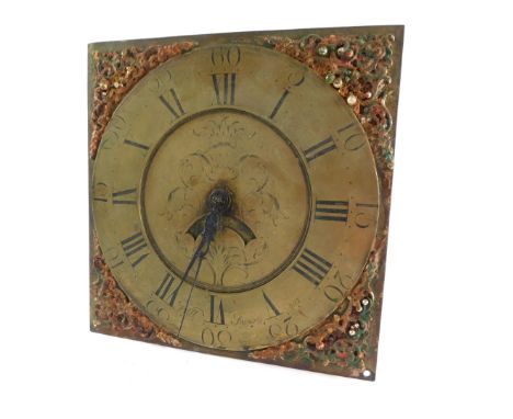 Will Snow. A longcase clock brass square dial, with foliate spandrels, brass chapter ring bearing Roman numerals and Arabic s