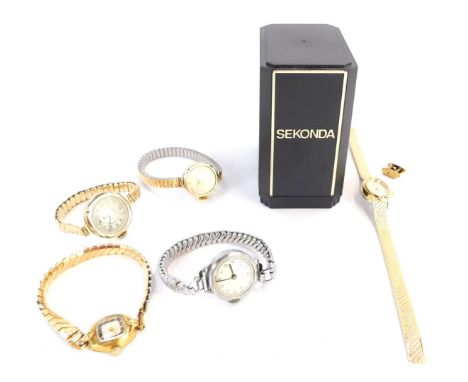 A group of wristwatches, to include a Norovis wristwatch, with a gold plated watch head, together with a group of other lady'