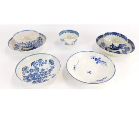 A group of Worcester and other blue and white wares, comprising two Worcester First Period tea bowls, a further bowl, unmarke