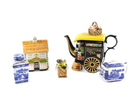 A group of Rington's Tea teapots, comprising a Rington's Tea and Coffee Bean tea merchant teapot, with gold signature P. Card