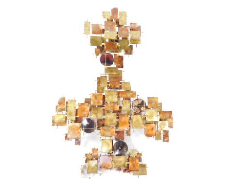 A modern Neasham Sculputures Wall Art piece, compilation with copper and brass soldered panels and silvered finished discs, 9