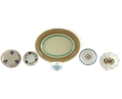 A group of named ceramics, comprising a Susie Cooper oval meat platter, a Wedgwood sugar bowl, a Shelley George V Silver Jubi