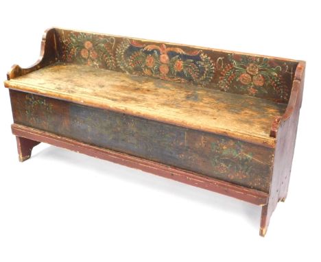 An Eastern European early 20thC painted pine marriage bench, Folk Art decorated with fruit and flowers, possibly dated 1904, 