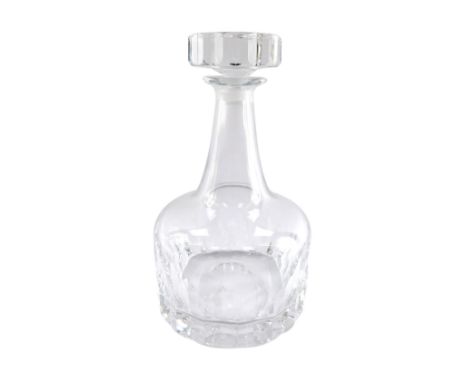 A Orrefors cut glass decanter, with mallet shaped bottom and inverted top, bears label, 24cm high.  