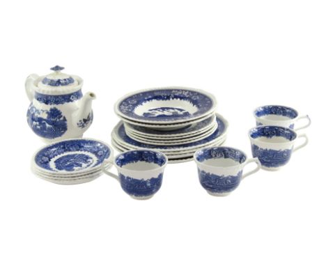 An Adams English Scenic pattern part dinner and  tea service, comprising four cups and saucers, four side plates, four dinner