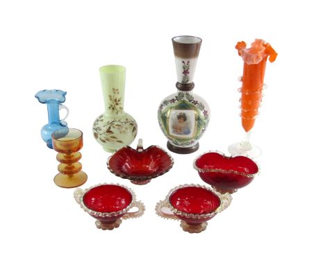 A group of Victorian and later glassware, to include a Victorian milk glass vase with painted decoration, 30cm high, another 