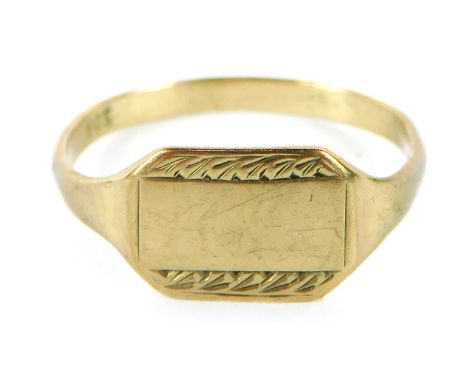 A signet ring, with rectangular panel, with plain centre and woven outer detailing, yellow metal stamped 9ct, ring size I, 0.