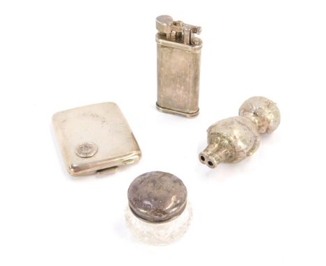 A group of silver and silver plated wares, comprising a George V silver topped ointment jar, Birmingham 1911, silver plated r