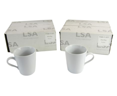A set of twelve LSA ceramic coffee mugs, boxed. 