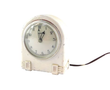 A Ferranti Art Deco electric mantel clock, later over painted in white, with Art Deco overall design, 15cm high, 12cm wide, 5