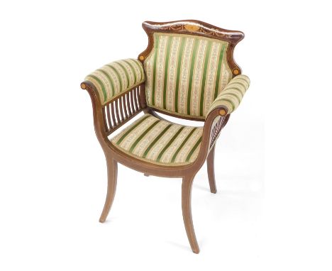 An Edwardian mahogany and inlaid tub chair, the harp moulded back with marquetry inlay, with green and gilt fabric interior, 