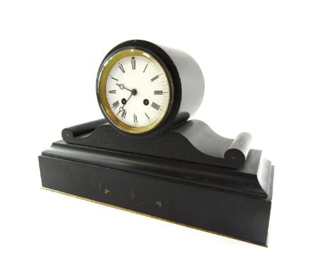A French late 19thC black slate mantel clock, circular white enamel dial bearing Roman numerals, Japy Freres eight day moveme