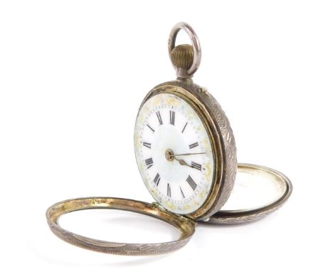 A silver fob watch, the small white enamel dial set with Roman numerals and light green colourings, picked out in gilt, bezel