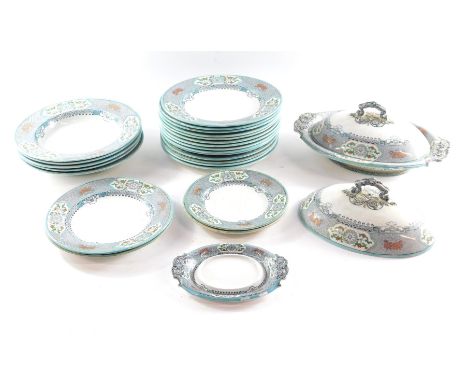 A early 20thC Copeland Spode part dinner service, with a turquoise outer border and floral and hatch design outer rim, compri