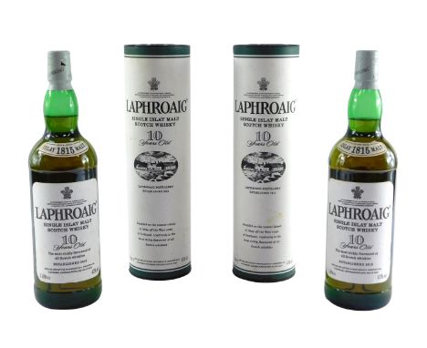 Two bottles of Laphroaig Single Islay Malt Scotch Whisky, ten years old, each 1 litre, boxed. 