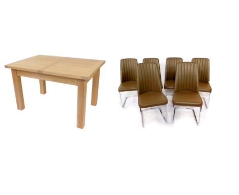 A light oak rectangular dining table, raised on square stile supports, 78cm high, 211cm wide, 90cm deep, together with six wh