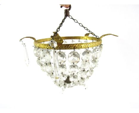 A gilt and crystal bag chandelier, with circular leaf cast frame supporting brilliant and tear shaped drops, 21cm diameter, a