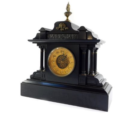 A late 19thC French slate and brass mantel clock, for Mappin &amp; Webb, London, circular brass dial with central filigree sc