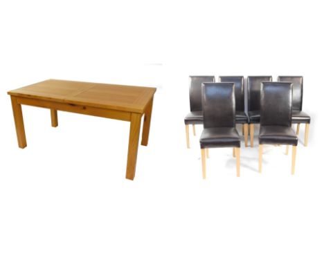 A light oak dining table, raised on square style supports, 79cm high, 160cm wide, 90cm deep, together with six brown leather 