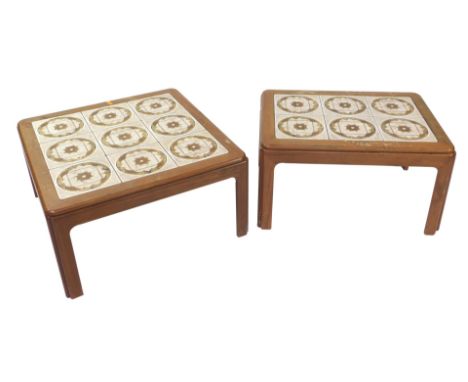 Two G-Plan tile top teak occasional tables, one set with nine brown tiles, the other with six tiles, raised on square legs, 3
