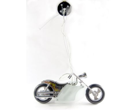A ceiling light modelled as a motorbike, 51cm wide, 21cm high, with drop pendant. 