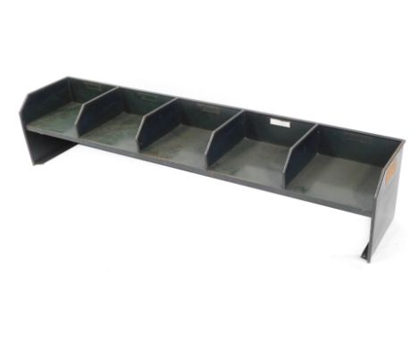 A Royal Mail metal desk top sorting shelf, of five section form, with GR stamp and manufactured by Rhone Ltd, 28cm high, 136c