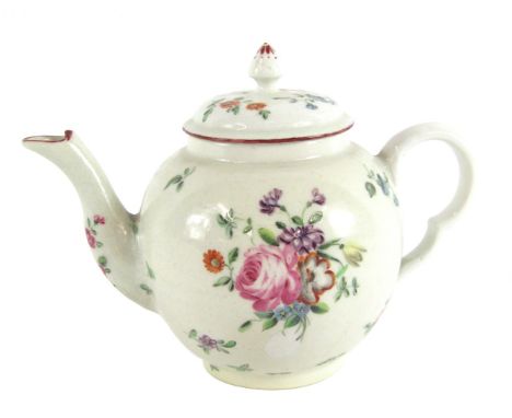 A Derby C1770 porcelain teapot, of globular form, painted with sprays and sprigs of flowers, 15cm high. (AF)