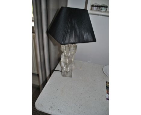 Table lamp with black shade and cubic perspex base 42 cm high, from Room 16 (PAT tested, OCt 2015)