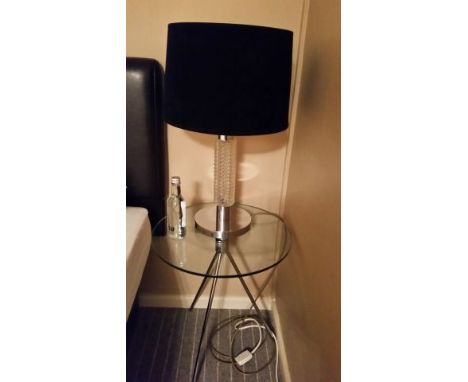 Table lamp, glass and chrome base, black velvet shade 35 cm diameter. Overall 65 cm high. PAT tested Oct 2015,  - from Garden