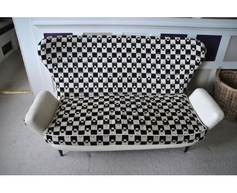 Retro design cream and black chequered sofa 142 cm wide, 80 cm high at back, 87 cm deep overall, from the Lounge 