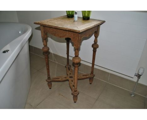 Small square oak table with turned legs and decorative carved undertier, 45 cm square top, 75 cm high, from Room 18