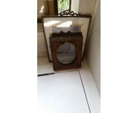 Collection of small vintage picture frames, some metal, together with a wooden round female figure carving 29cm high, from th
