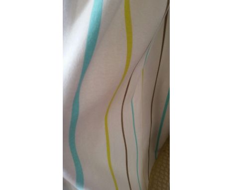 Curtains x 6 (3 pairs) neutral ground with blue and lime narrow stripes, lined 230 cm drop, from Room 12
