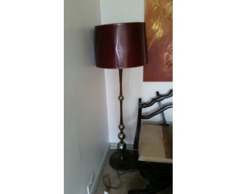 Standard lamp, burgundy shade, wood ane metal base. 157 cm tall, PAT tested Oct 2015, from Room 12. Shade has dents (very "ge