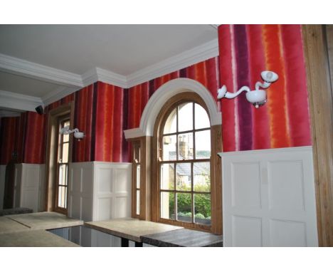 Wall lights, twin arm, white glass and chrome, electric x 2, two identical from the Restaurant &amp; Ante Room AMENDMENT TO C