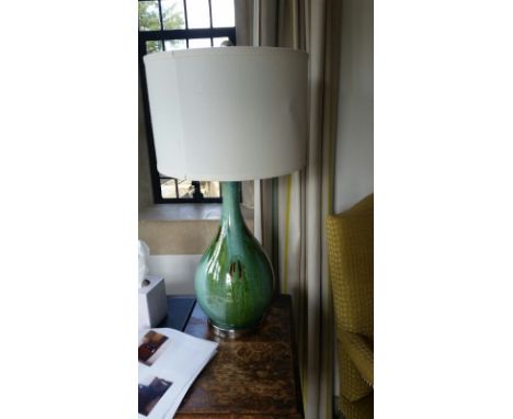 Large green ceramic table lamp with neutral shade, green ceramic glazed base, 74 cm high, 38cm diameter shade, PAT tested Oct