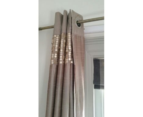 Curtains, 1 pair 230cm drop, beige with sequin top band detail, with 1 metal curtain pole with twirl finials, from Room 9