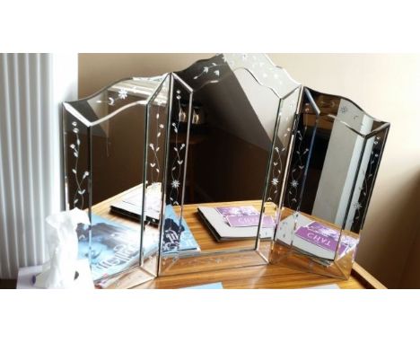 Triptych mirror perspex with etch style decoration (looks very much like glass) dressing table mirror 53 cm high, 66 cm wide 