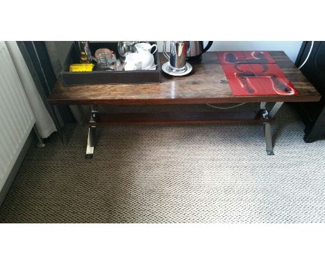 Wooden coffee table with polished metal legs and red abstract tiled inlay, this one is unsigned but is very similar to some o