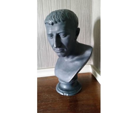 Pair of male busts, ceramic, charcoal grey, c. 45 cm high, from the Conference Room