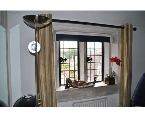 Pair of gold stripe, lined curtains and dark wood curtain pole, from the Treatment Room.    