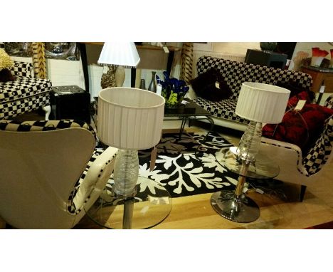 Pair table lamps, clear glass bases with white spiral design, pleated neutral shades. 53 cm high, shades 30 cm diameter. PAT 