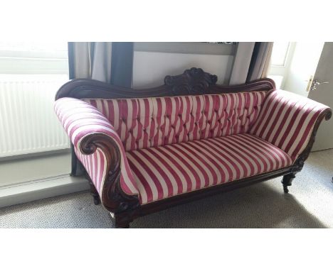 Wood framed sofa, regency style, cream and claret stripes, button backed. Turned legs, castors 211 cm long, 99 cm high, 60 cm