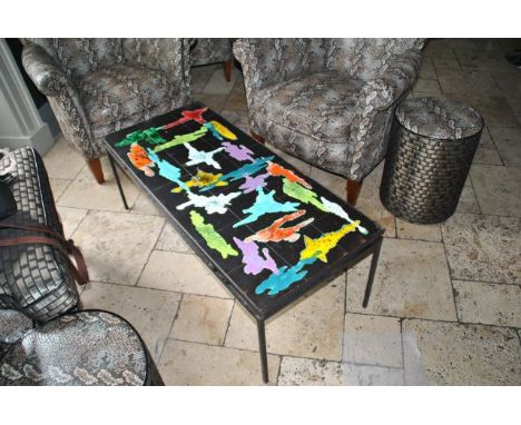 J Belarti (Belgian) mid 20th century tiled coffee table with abstract multi coloured enamelling and signed to one corner. Sma