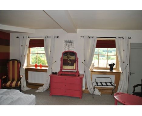 Curtains: two pairs neutral with beige square details, decorative tie backs, from Room 15
