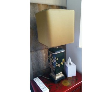 Pair bedside lamps, neutral shades, ceramic chinese style bases with black ground , 64 cm high, from Room 12 (PAT tested- Oct