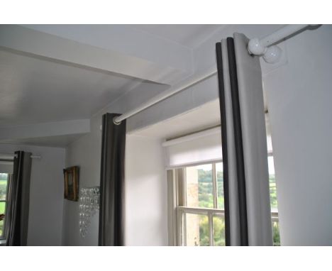 Curtains - 3 pairs of full length black/grey/beige stripes, lined and 3 wooden white poles, from Room 16