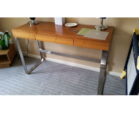 Console desk, wood veneer, metal legs, single drawer. Some veneer damage on all of these console desks. As found. 119.5 cm lo